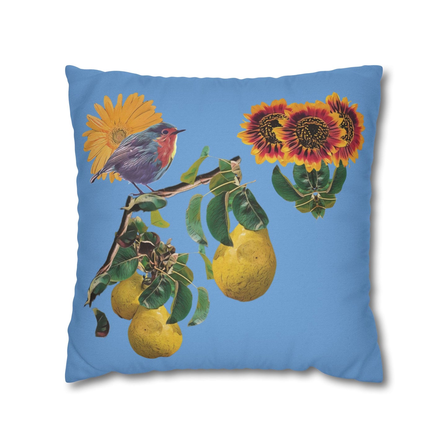 light-blue-pillowcase-robin-and-pears-tree-and-sunflower-design - front view