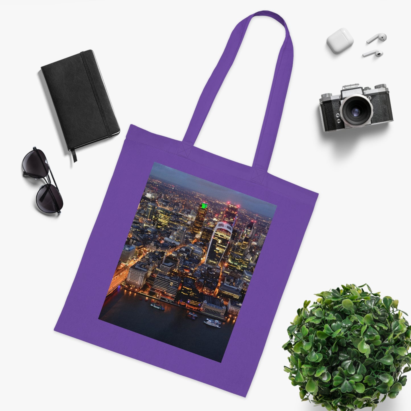 cotton-tote-bag-with-london-skyline-from-the-shard-at-night-shopper-bag-travel-tote-reusable-grocery-bag-cityscape-tote-eco-friendly - front view