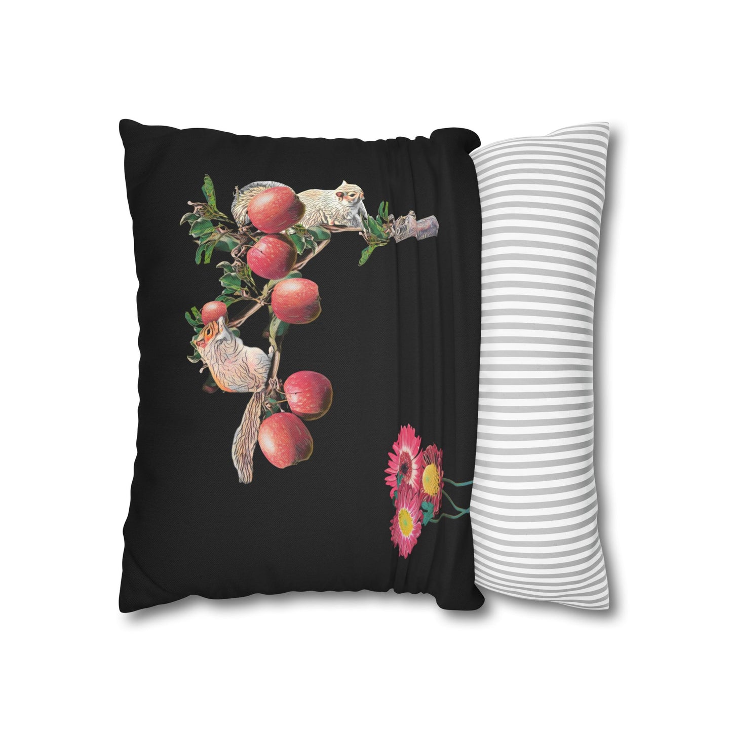 no-leaves-black-pillowcase-squirrels-and-apple-tree-floral-design - front view