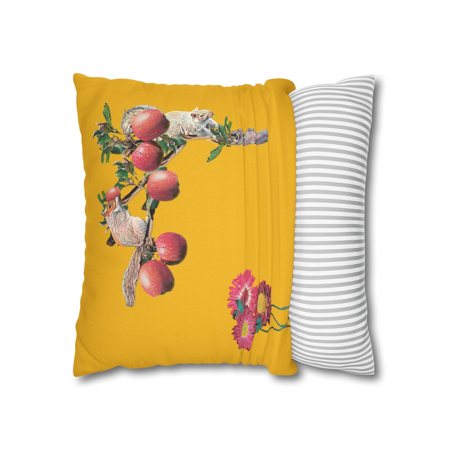 yellow-pillowcase-squirrels-and-apple-tree-floral-design - front view