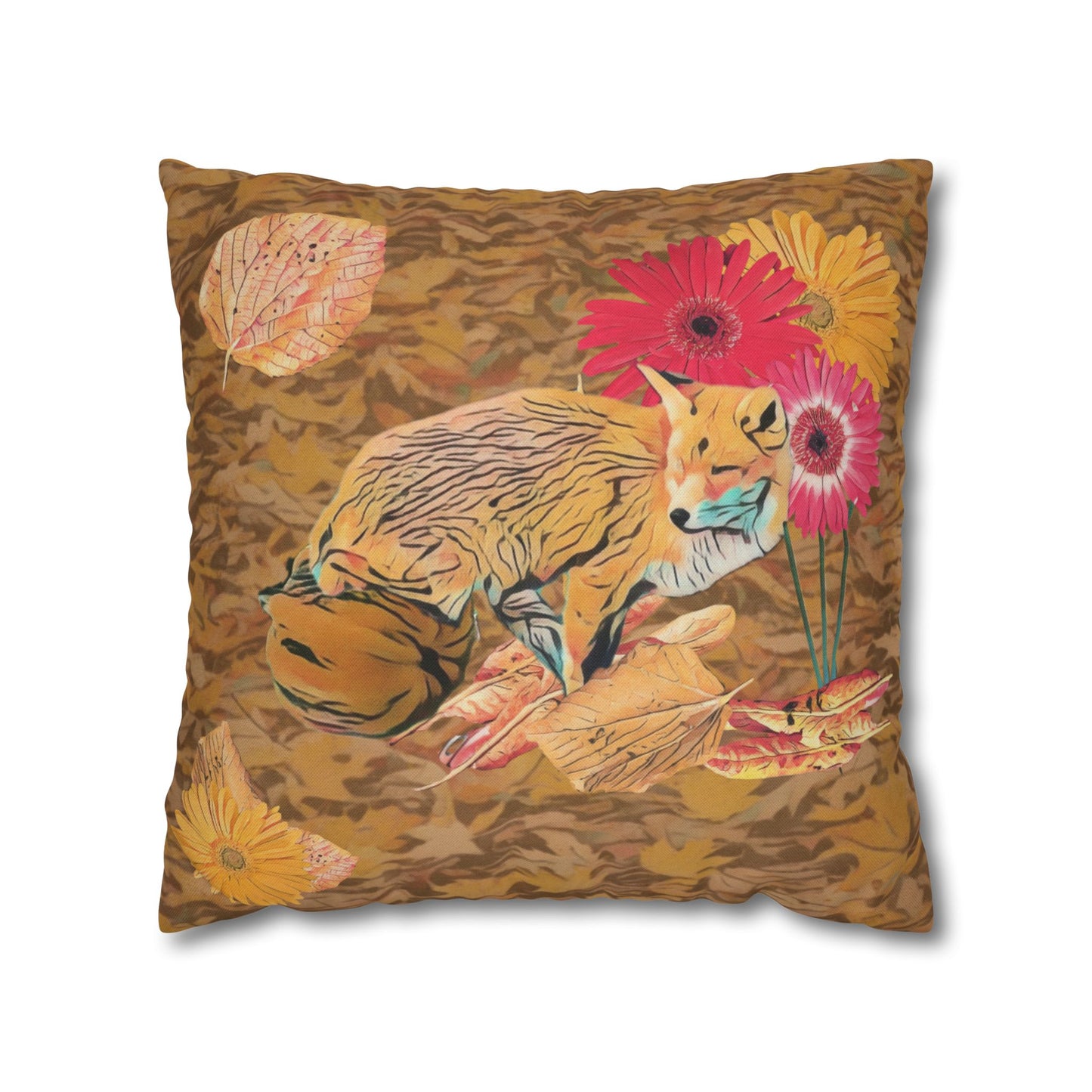 light-brown-pillowcase-cozy-fox-pumpkins-and-chrysanthemum-autumn-leaves-design - front view