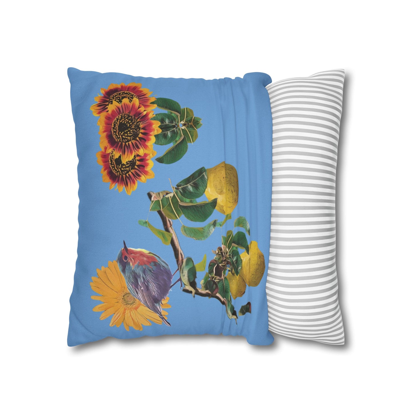 light-blue-pillowcase-robin-and-pears-tree-and-sunflower-design - front view