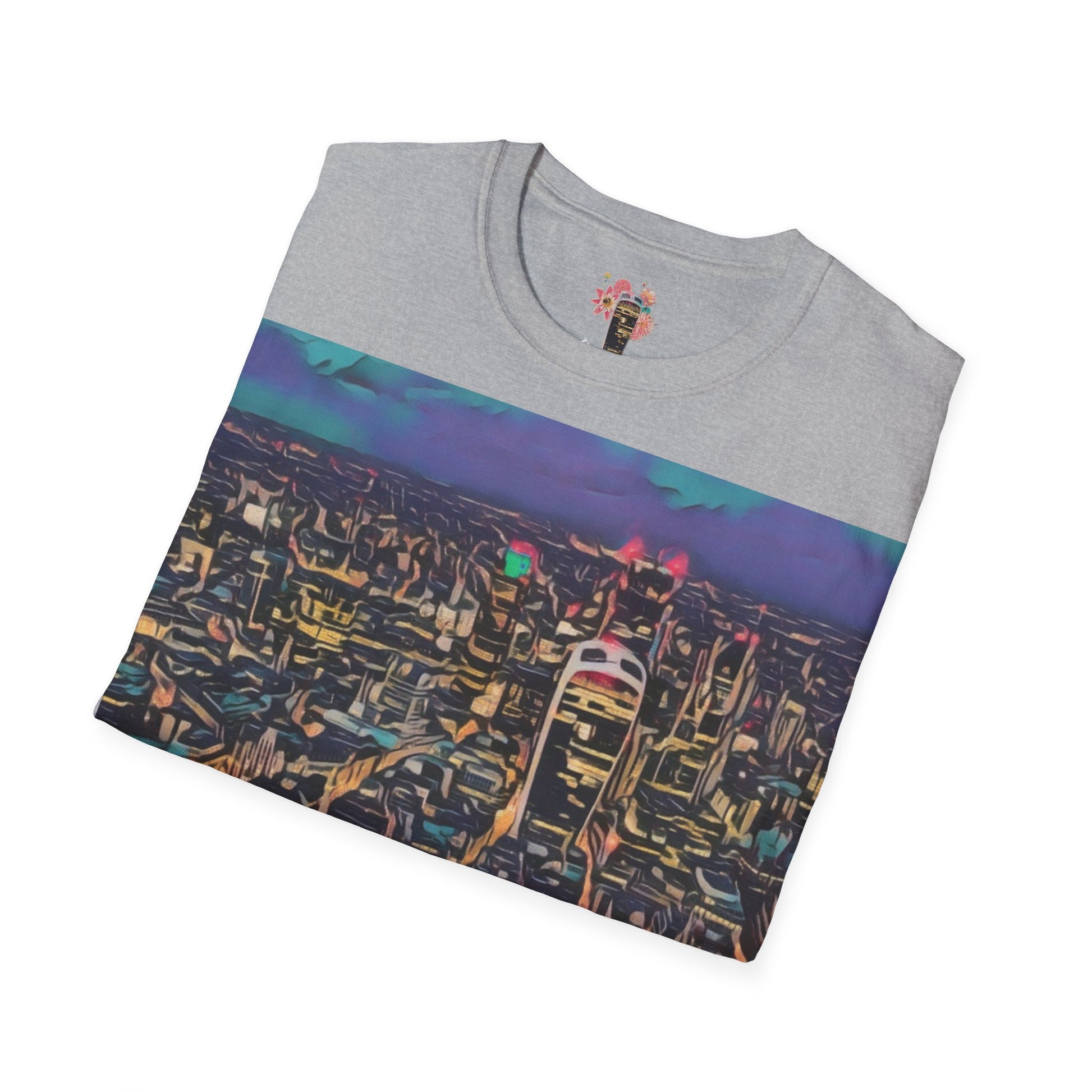 cityscape-art-unisex-softstyle-t-shirt-urban-photography-tee-streetwear-nightlife-fashion-gift-for-travelers-summer-outfit - front view