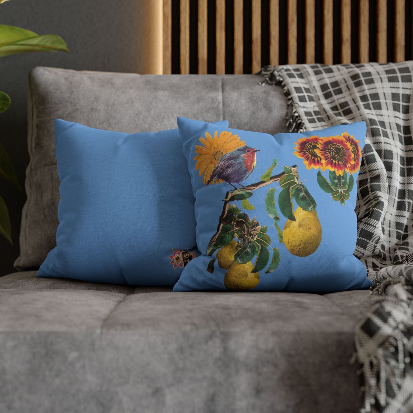 light-blue-pillowcase-robin-and-pears-tree-and-sunflower-design - front view
