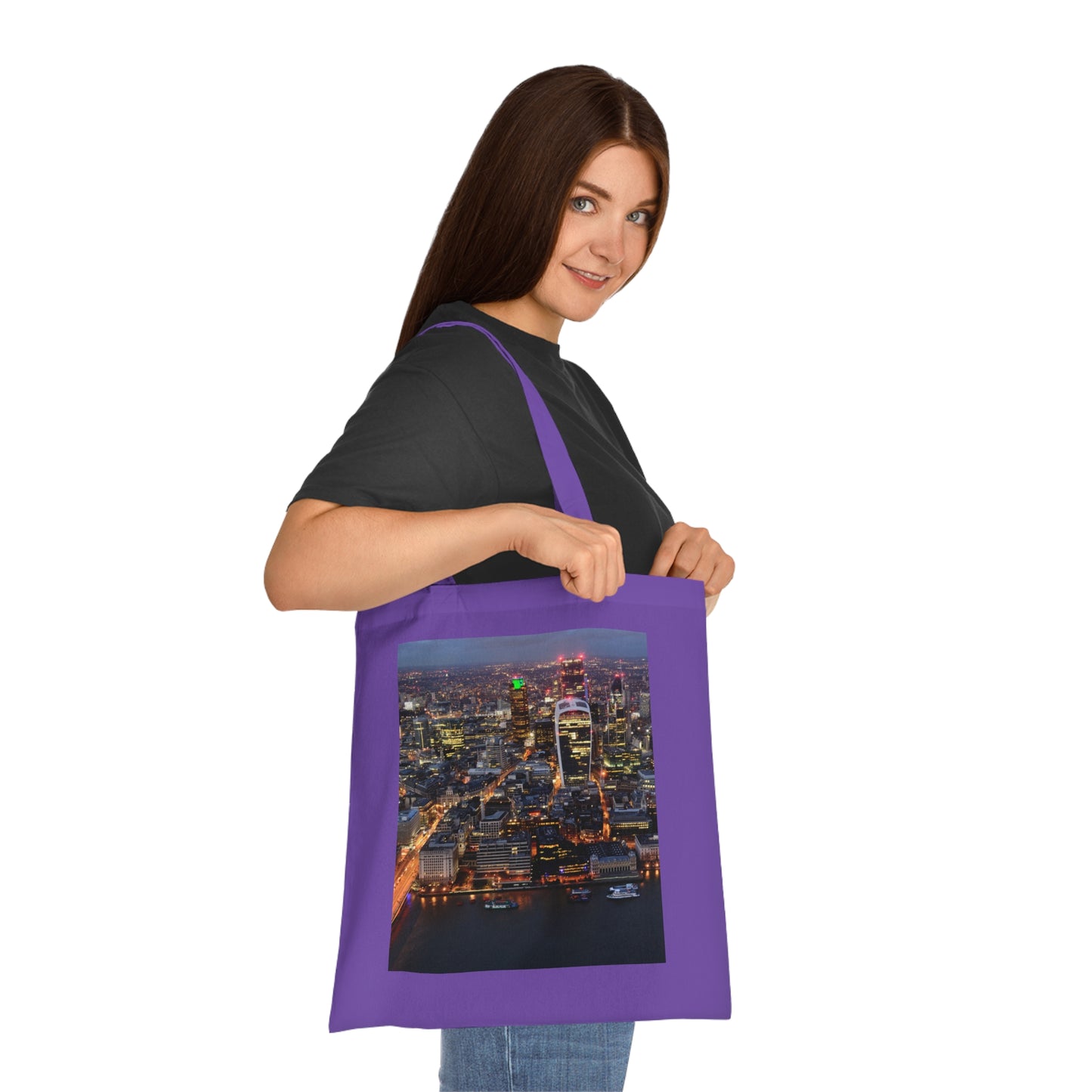 cotton-tote-bag-with-london-skyline-from-the-shard-at-night-shopper-bag-travel-tote-reusable-grocery-bag-cityscape-tote-eco-friendly - front view