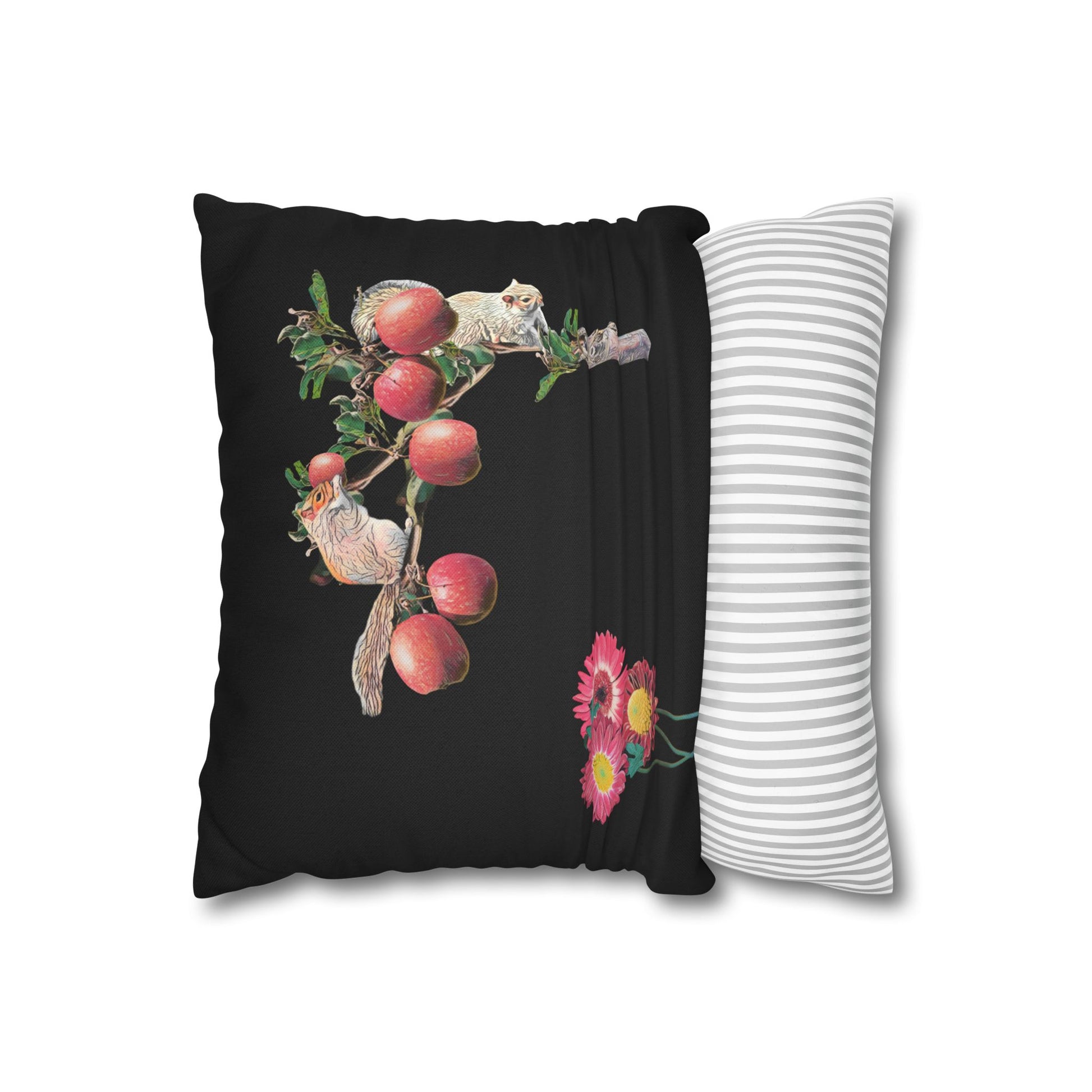 no-leaves-black-pillowcase-squirrels-and-apple-tree-floral-design - front view