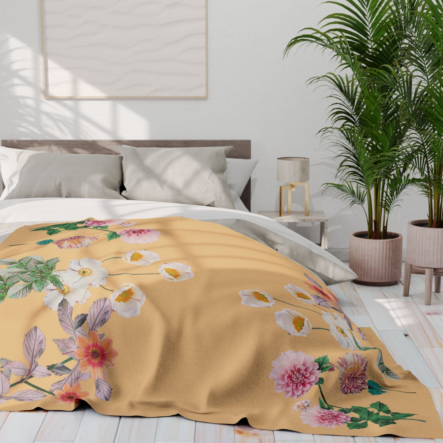 Fleece Blanket with Arctic Flowers - Pink and Orange Dahlias
