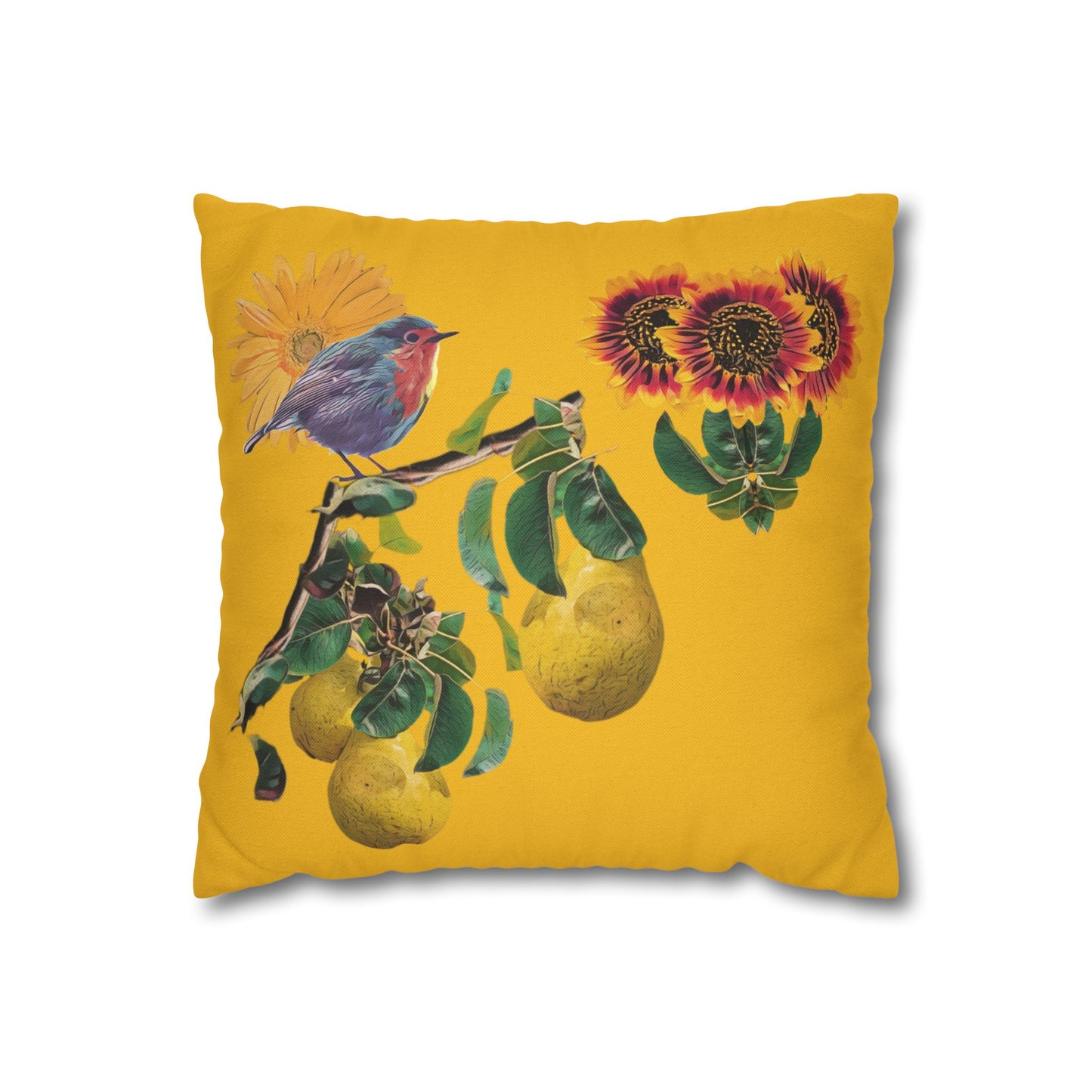 black-pillowcase-robin-and-pears-tree-and-sunflower-design - front view