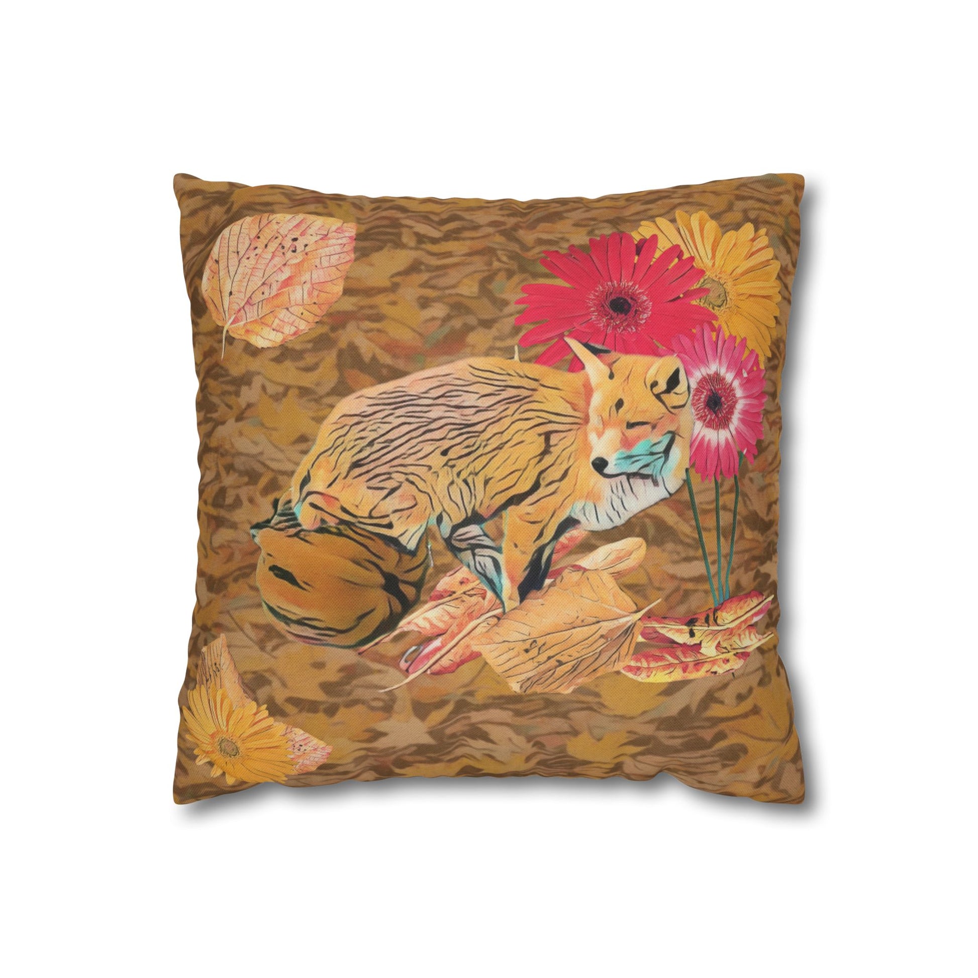 light-brown-pillowcase-cozy-fox-pumpkins-and-chrysanthemum-autumn-leaves-design - front view