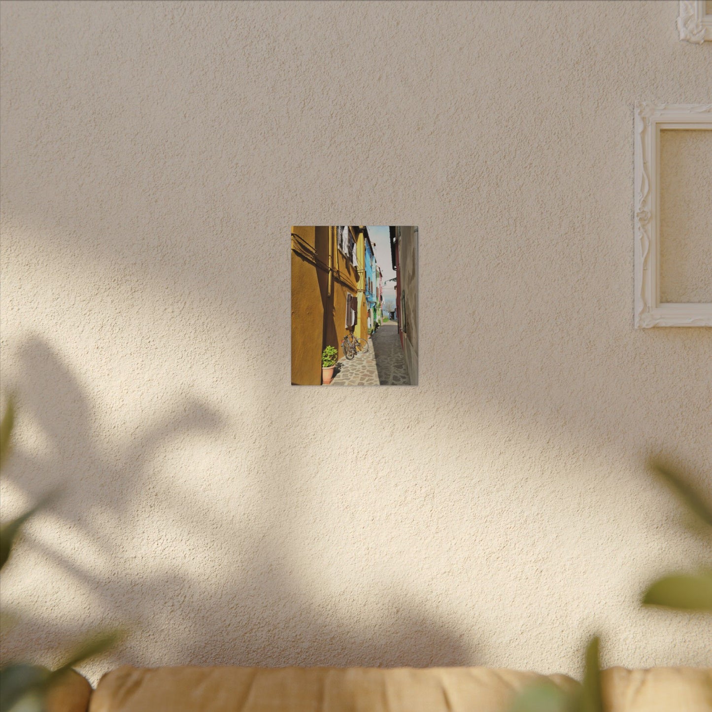 Mulano Street Scene Matte Canvas Print — Yellow Houses & Hanging Clothes, Stretched Wall Art