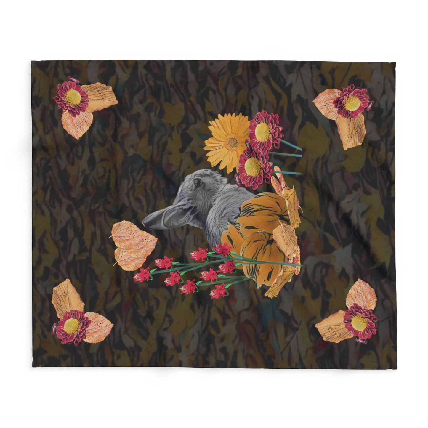 dark-fleece-blanket-fox-pear-pumpkin-rabbit-tomatoes-falling-leaves-design - front view