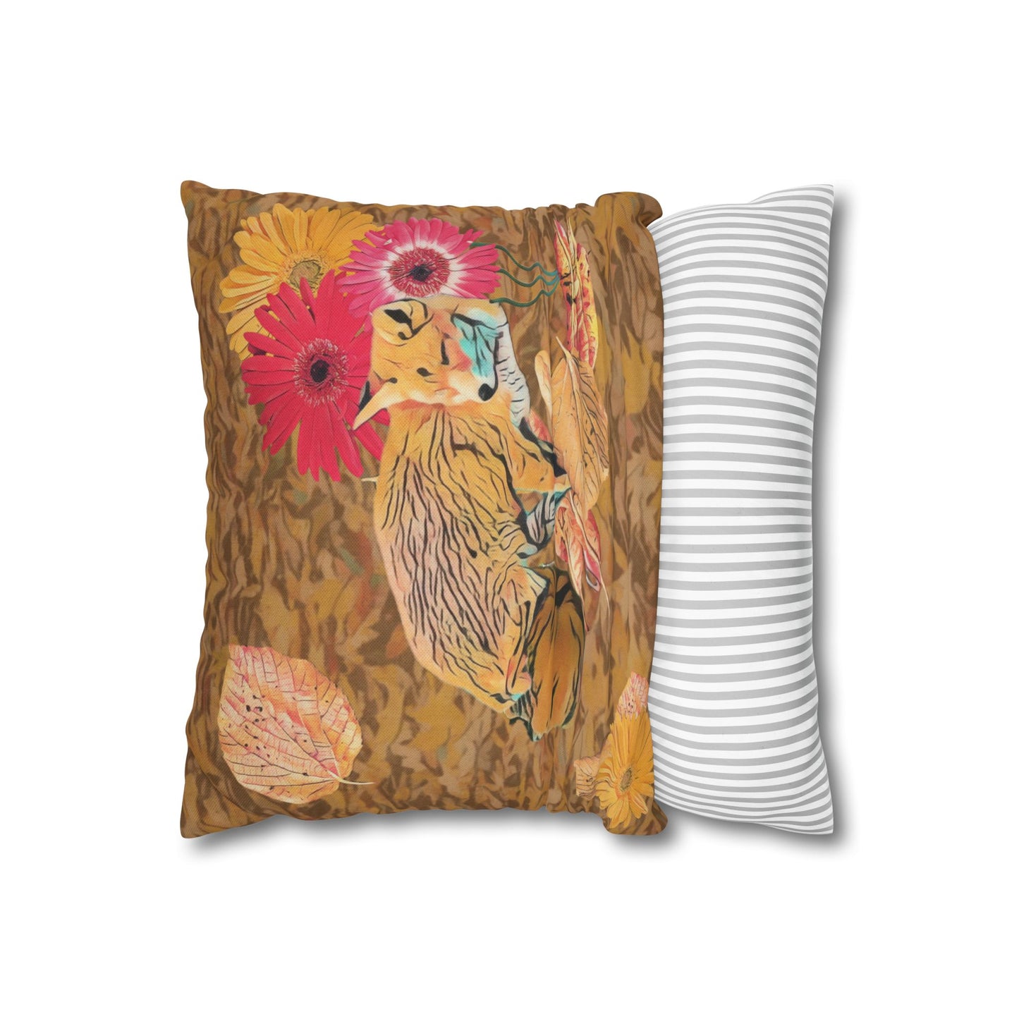 light-brown-pillowcase-cozy-fox-pumpkins-and-chrysanthemum-autumn-leaves-design - front view
