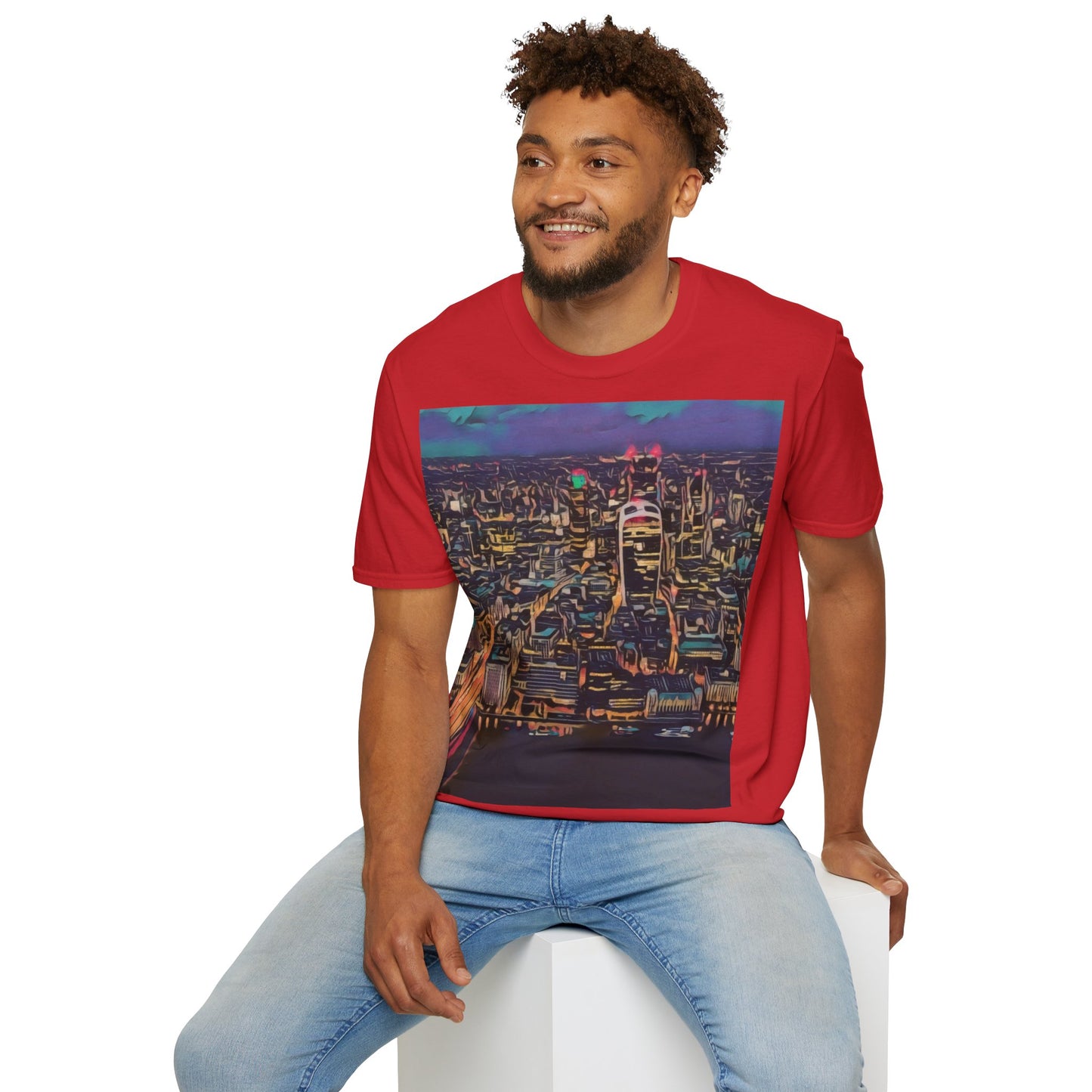 cityscape-art-unisex-softstyle-t-shirt-urban-photography-tee-streetwear-nightlife-fashion-gift-for-travelers-summer-outfit - front view