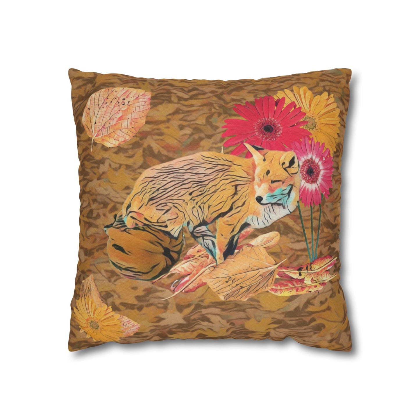 light-brown-pillowcase-cozy-fox-pumpkins-and-chrysanthemum-autumn-leaves-design - front view