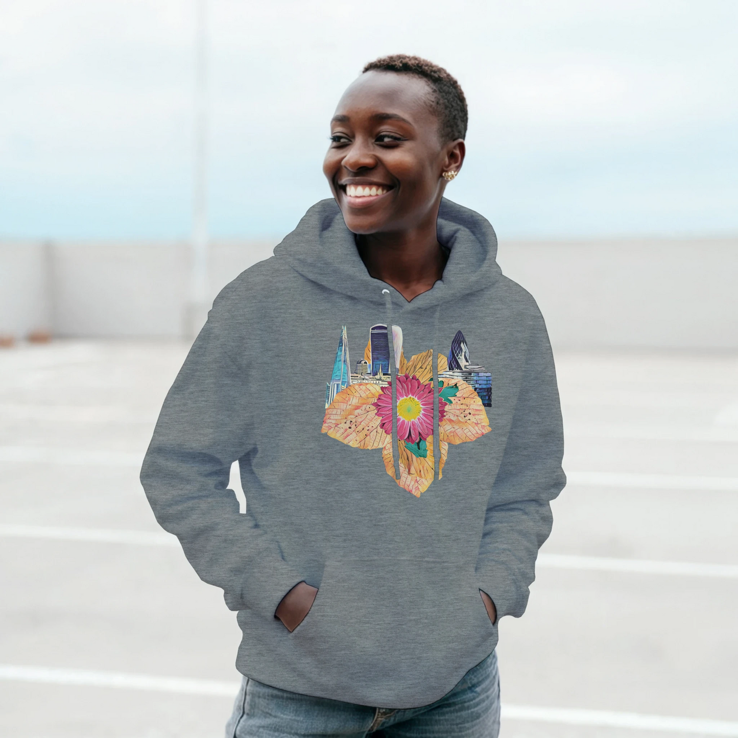 autumn-red-floral-hoodie-cozy-heavy-blend-with-leaves-design - front view