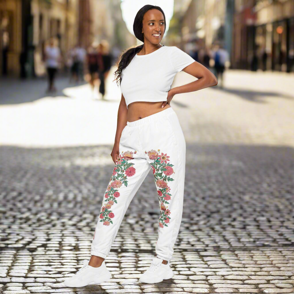  florals with our Pink and Red Dahlia Cascade track pants