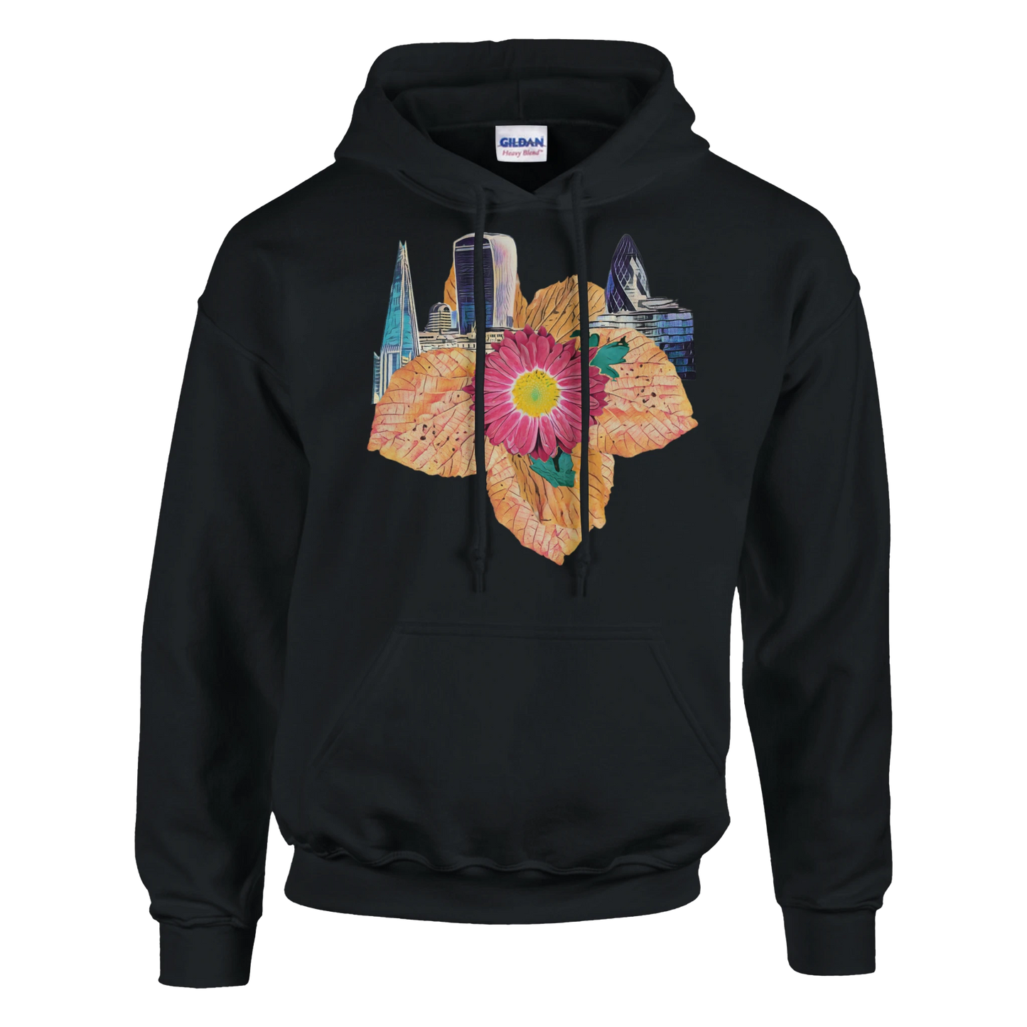 autumn-red-floral-hoodie-cozy-heavy-blend-with-leaves-design - front view