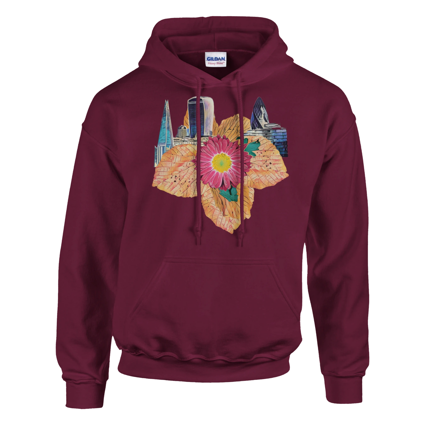 autumn-red-floral-hoodie-cozy-heavy-blend-with-leaves-design - front view