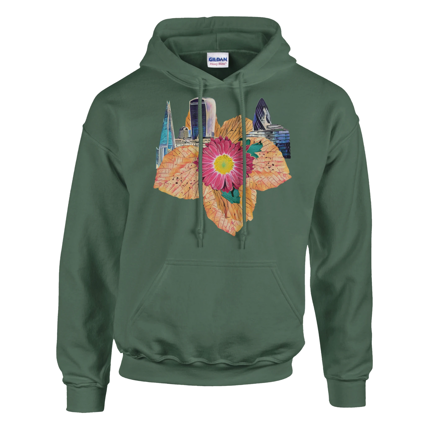 autumn-red-floral-hoodie-cozy-heavy-blend-with-leaves-design - front view