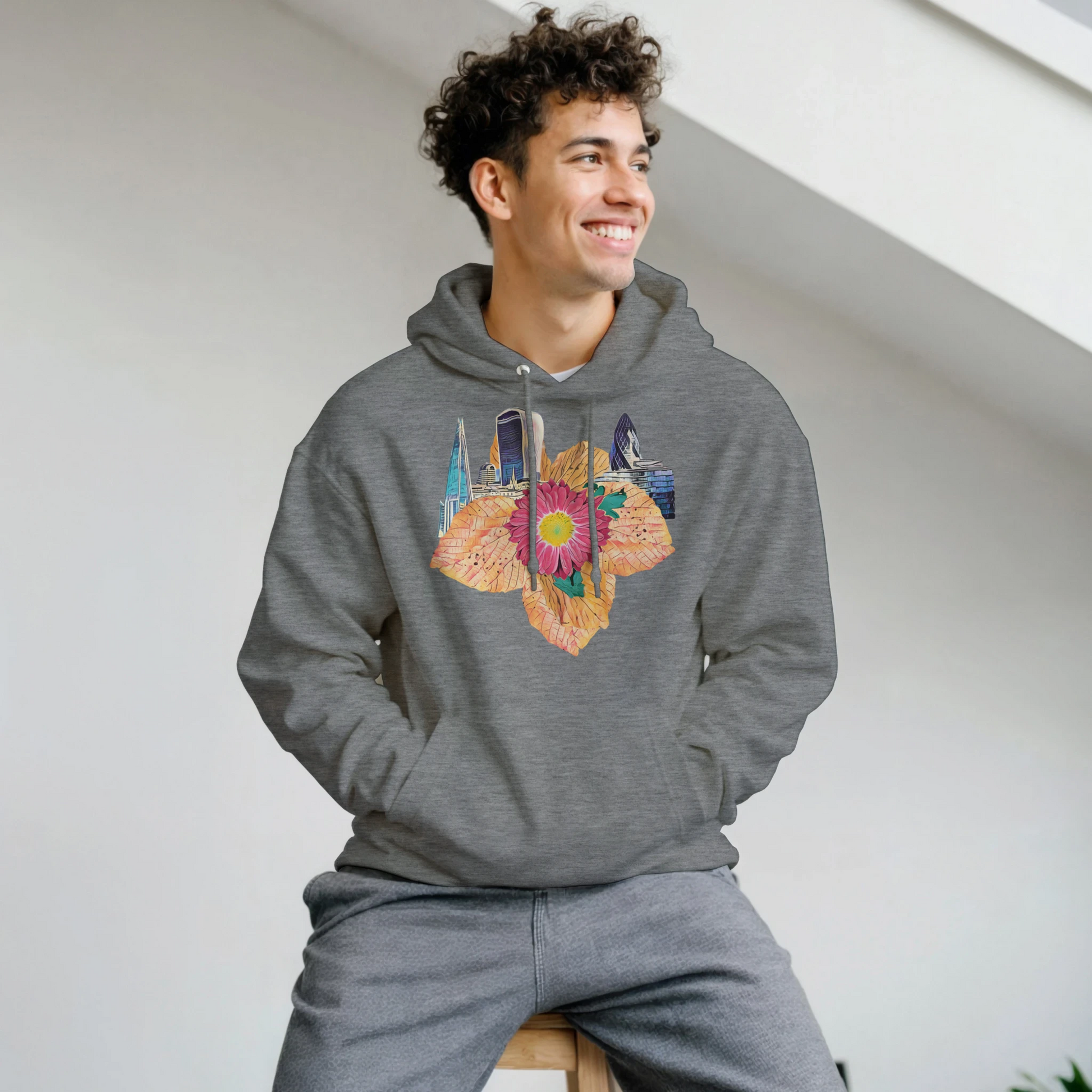 autumn-red-floral-hoodie-cozy-heavy-blend-with-leaves-design - front view