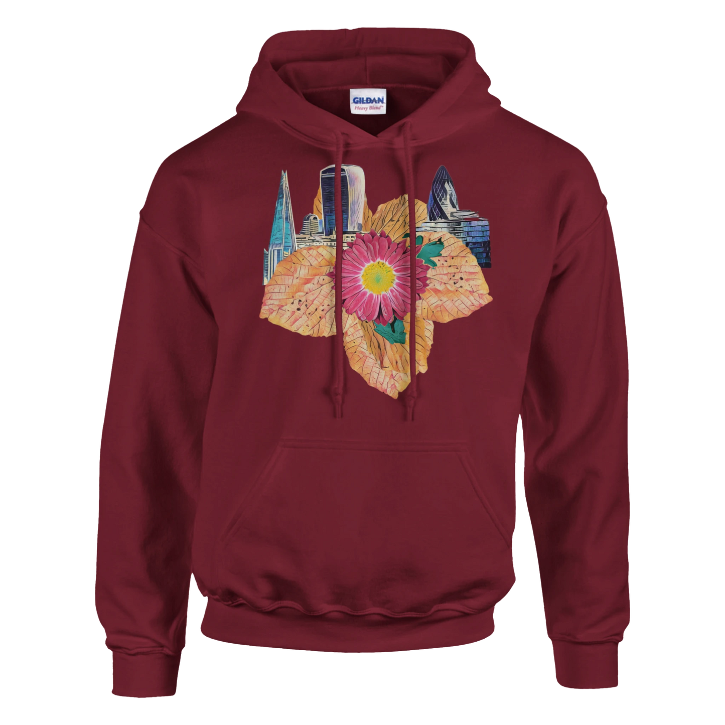 autumn-red-floral-hoodie-cozy-heavy-blend-with-leaves-design - front view