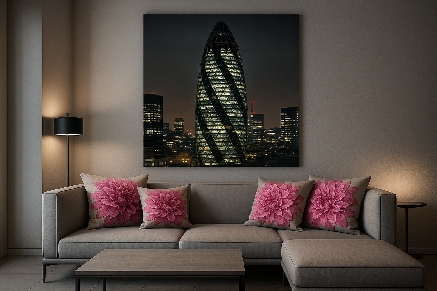 modern living space  with cavas of london gherking at night and cushions with pink dhalias